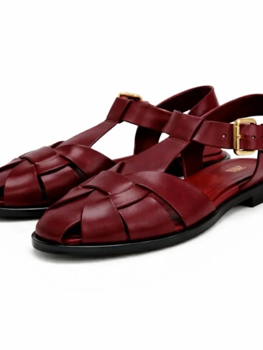 Zara Burgundy Leather Woven Fisherman Sandals with Gold Buckle
